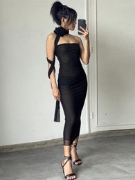 Casual Dresses Ahagaga Sexy Mesh Rose Ribbon Fashion Party Long Dress Tube Top Backless Black Women