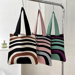 Storage Bags Handmade Knit Handbag Women Mini Knot Wrist-Bag Female Fashion Leisure Minimalist Stripe Tote Bag Student Reusable Shopping