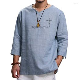 Mens T Shirts 2022 Mens V Neck Cotton Linen Man Breathable Solid Colour Long Sleeve Casual Loose T-Shirt Male Printing Top