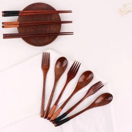 Dinnerware Sets Long Handle Japanese Natural Dinner Kit Handmade Wooden Tableware Utensils Cutlery Fork Chopsticks Spoon Set