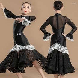 Stage Wear Waltz Ballroom Dance Dresses Girls Black Long Sleeves Latin Professional Dress Kids Performance Practise XS7847