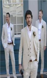 2019 New Ivory Beige Wedding Tuxedos Beach Linen Men Suits Wedding Suit Men Marriage Groom Groomsman Wear Tuxedos JacketPan8500781