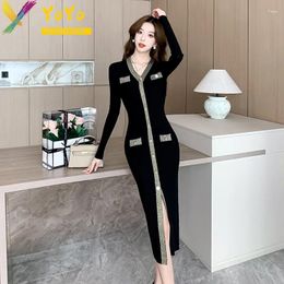 Casual Dresses Elegant Knitted V-neck Button Down Cardigan Long Sleeve Dress 2024 Spring Simple Basic Slim Bodycon Sweater Women