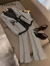 Yitimuceng Sequins Women Suits Office Sets Fashion Slim Single Button Turn Down Collar Blazers Vintage Flare Pants Suits 240409