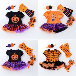 New Halloween Baby Girls' Four Piece Set Cartoon Pumpkin Short Sleeve Dress Baby Dress Set