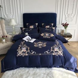 Bedding Sets Royal Blue Elegant Embroidery 60S Satin Washed Silk Set Cotton Duvet Cover Bed Linen Fitted Sheet Pillowcases Bedclothes