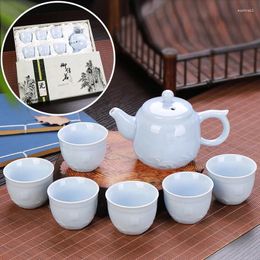 Teaware Sets Porcelain Tea Set Embossed Dragon Ceramic 1 Teapot 6 Cup Chinese With Gift Box