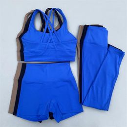 Active Sets 3 Piece Women Yoga Set Gym Sports Suit Workout Outfit Cross Straps Fitness Bra High Waist Shorts Leggings Running Tracksuit