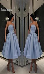 Cheap Strapless Homecoming Dress Simple Short Prom Dress Blue Tea Length Satin Cocktail Gowns Custom Made Party Dresses9324762