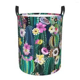 Laundry Bags Folding Basket Blooming Cactus Cacti Abstract Round Storage Bin Large Hamper Collapsible Clothes Toy Bucket Organiser