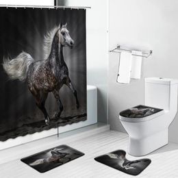 Shower Curtains Running Horse Farm Animal Bathroom Set Curtain Anti-Slip Flannel Bathing Mat Doormat Toilet Lid Cover Home Kitchen Carpet