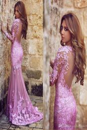 Cheap Arabic Muslim Fuchsia Lace Prom Dresses Myriam Fares Dress See through Mermaid Evening Dress Wear Sheer Back Long Sleeves Pa5602660