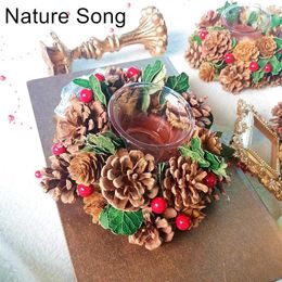 Decorative Flowers Christmas Candle Holder On The Wreaths Red Berries Pinecone Candlestick Rustic Farmhouse Wedding Party