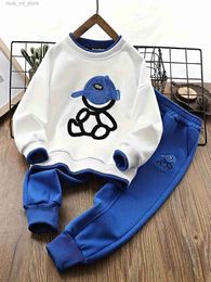 Clothing Sets Teenage Boy Clothes Children Girl fake two pieces Sweater Pullover And pants Set kid Embroidery Cartoon Bear Top Bottom Suit T240415