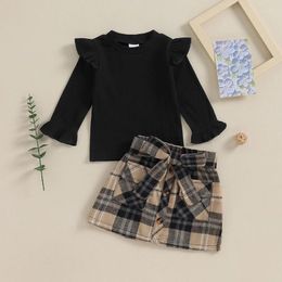 Clothing Sets Toddler Girl Cute Outfit Ruffles Ribbed Long Sleeve Tops And Plaid Print Skirt With Belt For Fall Children's Clohing Set