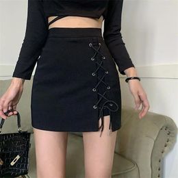 Skirts Spring Summer High Waist Mini Skirt Women Sexy Skinny Lace Up Black Short Woman Streetwear Gothic Y2K Bodycon