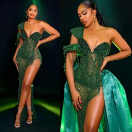 2024 Hunter Green Sexy Prom Dresses with Detachable Train One Shoulder Sequined Lace Side Split Illusion Beading Tassel Birthday Party Dress Reception Gowns NL659