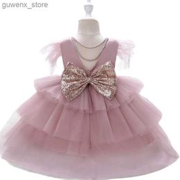 Girl's Dresses Yoliyolei Tiered Layers Tulle Dress Girl Gown Pearls Necklace V Back Design Flower Girl Wedding Clothes for Children Casual Y240415Y24041710AE