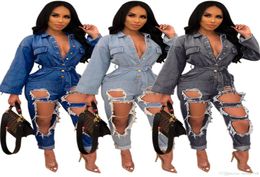 Fashionable Holes Ripped Women Jeans Jumpsuits Blue Black Sexy Long Sleeves Buttons V Neck Sash Washed Denim Straight Pants Romper3543599