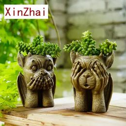 Resin Monster Flower Pot Figurines for Garden Demon NO See Say Hear Art Decor Accessories Collection Object Home Item 240411