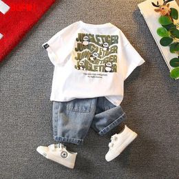 Clothing Sets Korean Kid Suit Teens Boy Summer Children Girl Thin Short Sleeves T-shirt Letter Hole Denim Shorts Top And Bottom Set