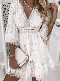 Casual Dresses White Lace Dress Women V Neck Up Female Patchwork Three Quarter Sleeve Vacation Beach Ladies A-line Party66