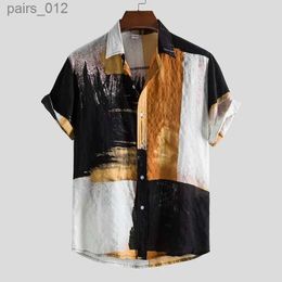Men's T-Shirts Summer splicing work mens short sleeved single chest loose casual Hawaiian ethnic party shirt yq240415