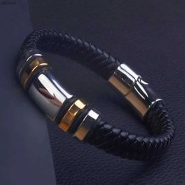 Other Bracelets Classic Black Leather Wrap Bracelet for Men Metal Magnetic Clasp Fashion Bangle Bracelet Male Birthday GiftL240415