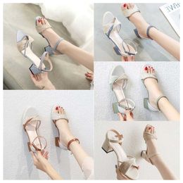 Top Luxury Thick heeled sandals for women white blue versatile in summer gentle in the middle heel Roman buckle strap high heels