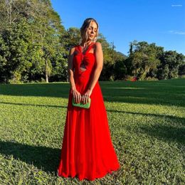 Party Dresses Elegant Long Red Chiffon Prom With Straps A-Line Sleeveless Floor Length Pleated Vestidos De Noche For Women