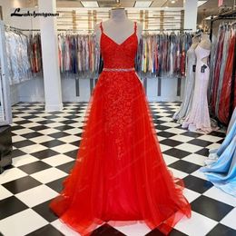 Party Dresses Red Evening Spaghetti Straps Beads Belt Tulle A Line Floor Length Prom Dress Made Homecoming Gowns Formal