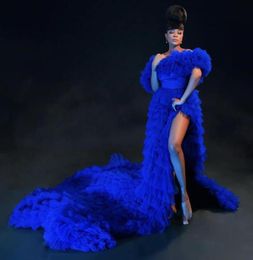 Royal Blue Lush Prom Dress Tulle Robes Off Shoulder Women Tulle Evening Gowns For Po Shoot Dress Long Train Side Split Maternit1595047