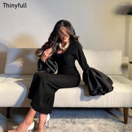 Party Dresses Thinyfull Black Simple Saudi Arabia Prom Puffy Long Sleeves Women Evening Dress Satin Formal Occasion Gown