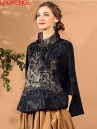 Women's Blouses 2024 Spring Summer Loose Fashion Organza Embroidery Literature And Art Retro Stand Collar Pullover Office Lady Top Trend