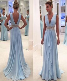 Light Sky Blue Summer Chiffon Prom Dresses Plunging V Neck Pleated Crystal Beaded Evening Gowns Sexy Backless Prom Dress5529368