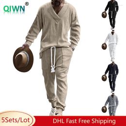 Men's Tracksuits 5Sets Bulk Wholesale Men Two Piece Sets Casual Solid V-neck Tops Pants Knitted Outfits Fall Winter Male Simple Tracksuit