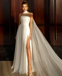 Classy Long Chiffon Halter Neck Wedding Dresses With Split A-Line Ivory Tulle Vestido de novia Sweep Train Zipper Back Bridal Gowns for Women