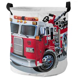 Laundry Bags Cartoon Red Fire Truck White Foldable Basket Large Capacity Hamper Clothes Storage Organiser Kid Toy Bag