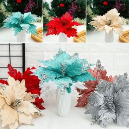 Decorative Flowers 20cm Artificial Decor Wedding Favors Party Supplies Glitter Ornament Xmas Gift Christmas Tree Poinsettia