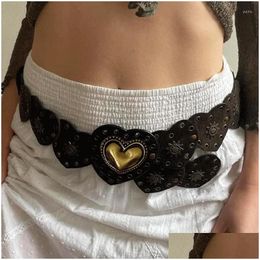 Belts Rivet Metal Buckle Vintage Adjustable Brown Belt Hollow Out Heart Shaped Y2K Fairycore Grunge Waistband Women Accessories Drop D Dh57S