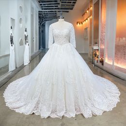 Hire Lnyer Three Quarter Sleeve Lace Up Back Beading Pearls Sequins Appliques Princess Ball Gown Wedding Dresses Real Photos Video