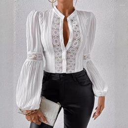 Women's Blouses 2024 Spring Summer Clothing Solid Color Lace Stitching Texture Fabric Long Sleeve Shirt