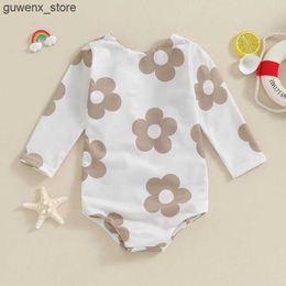 One-Pieces 6M-4T Baby Girl Khaki Swimsuit Summer New Floral Print Double-Sided Knot Jumpsuit Beach Wear Toddler Swimsuit Y240412 Y240412Y24041787CW