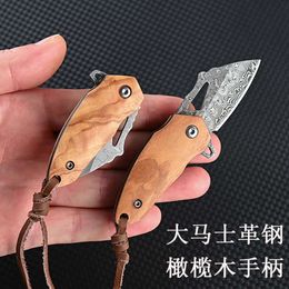 Damascus Steel Sharp Small Folding Olive Wood High Hardness Outdoor Portable Handle Meat and Fruit Knife for Self Defense