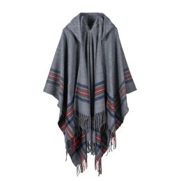 Sweatshirts New Fashion Women Winter Shawl Wraps Thick Warm Blanket Scarf Oversize Hooded Black Ponchos and Capes Striped Tassel Echarpe