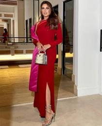 Elegant Long Red Crepe Evening Dresses With Wrap/Slit Sheath Satin One Shoulder Middle East Floor Length Prom Dress for Women