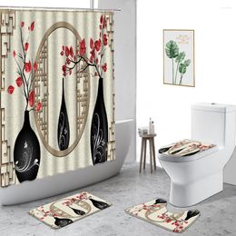 Shower Curtains Chinese Style Curtain Peony Butterfly Flowers Bathroom Decoration Set Non-Slip Carpet Waterproof Bathtub Screen