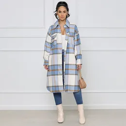 Women's Jackets Women Plaid Wool & Blend Loose Coat Fall Winter Casual Turn Down Collar Long Sleeve Jacket Retro Mujer Side Split Button