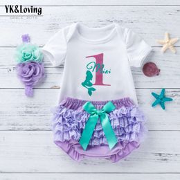 Professional Girl Baby Mermaid Set Summer Short Sleeved Sweetheart Purple Lace PP Pants and Hair Accessories 3-piece Set