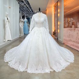 Hire Lnyer V-Neck Three Quarter Sleeve Beads Pearls Sequins Appliques Lace Princess Ball Gown Wedding Dress